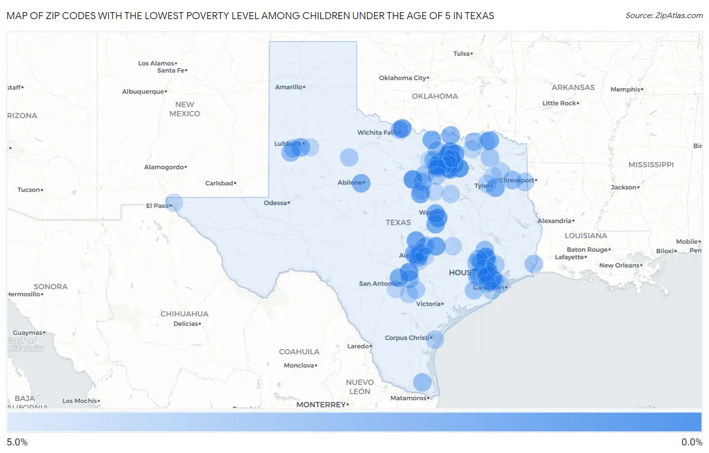Zip Codes with the Lowest Poverty Level Among Children Under the Age of 5 in Texas Map
