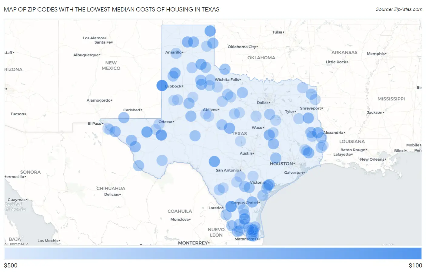 Zip Codes with the Lowest Median Costs of Housing in Texas Map