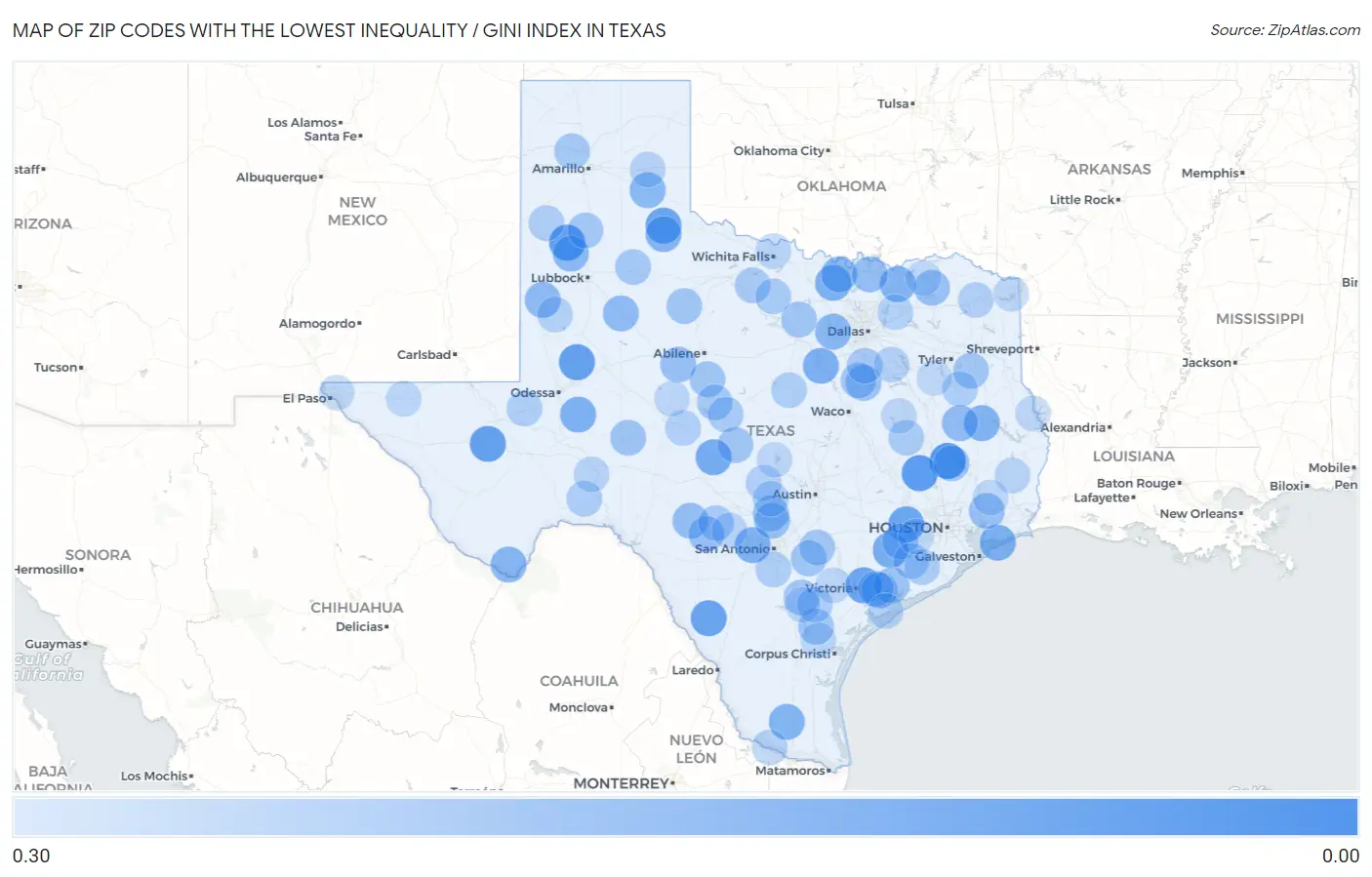 Zip Codes with the Lowest Inequality / Gini Index in Texas Map