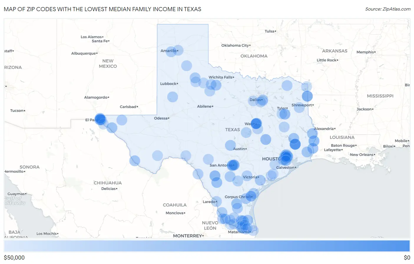 Zip Codes with the Lowest Median Family Income in Texas Map