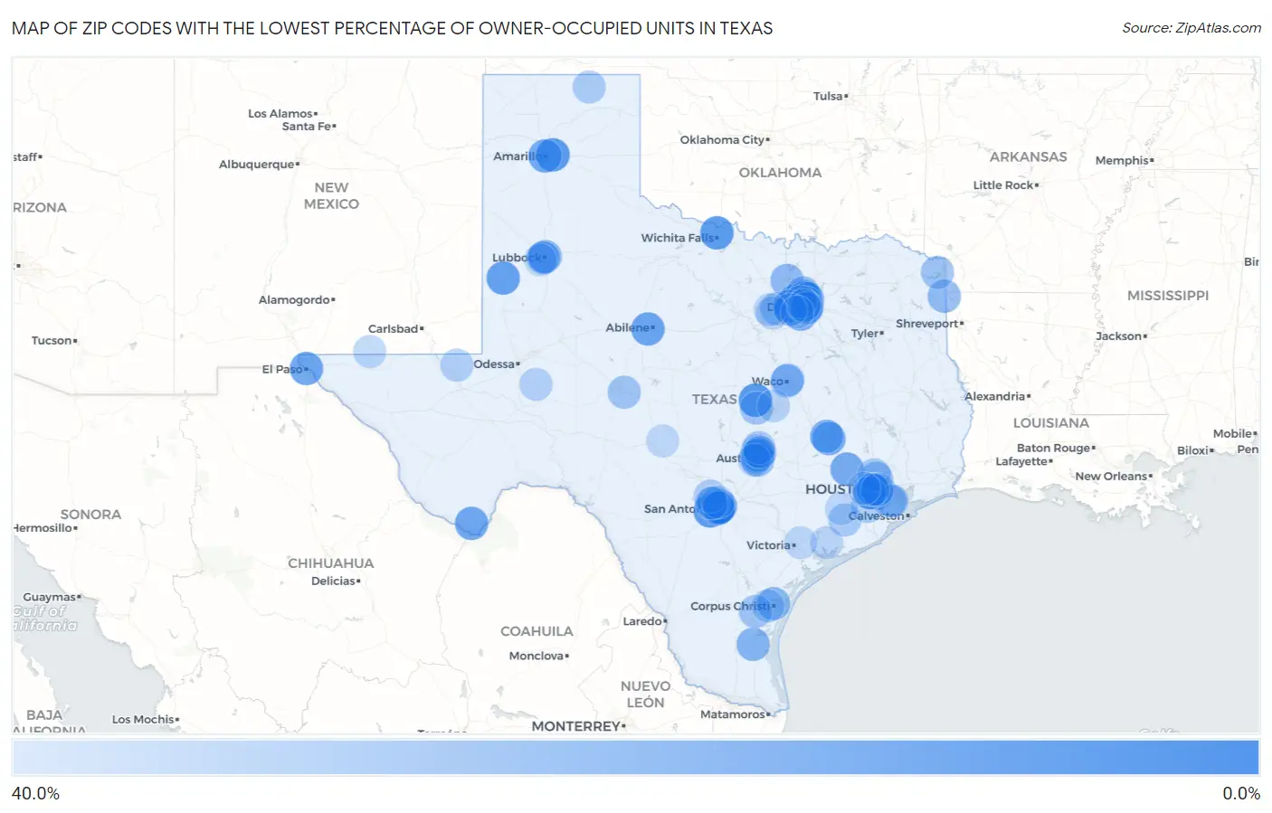 Zip Codes with the Lowest Percentage of Owner-Occupied Units in Texas Map