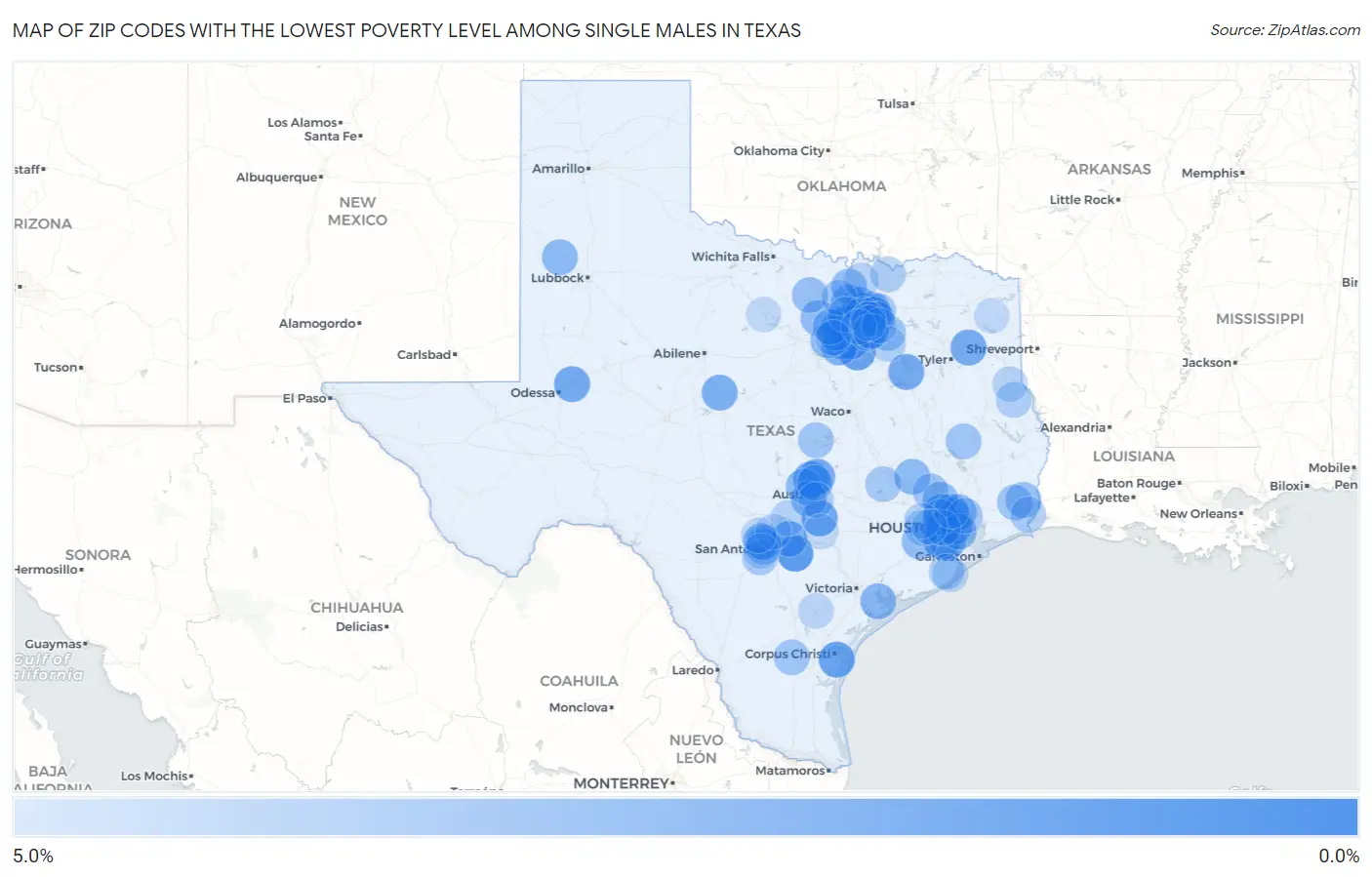 Zip Codes with the Lowest Poverty Level Among Single Males in Texas Map