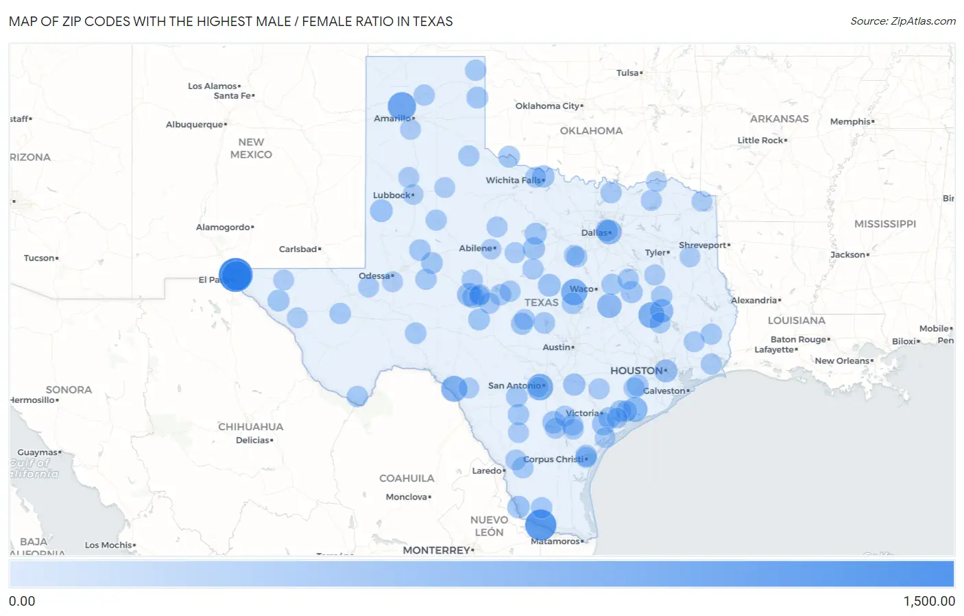 Zip Codes with the Highest Male / Female Ratio in Texas Map