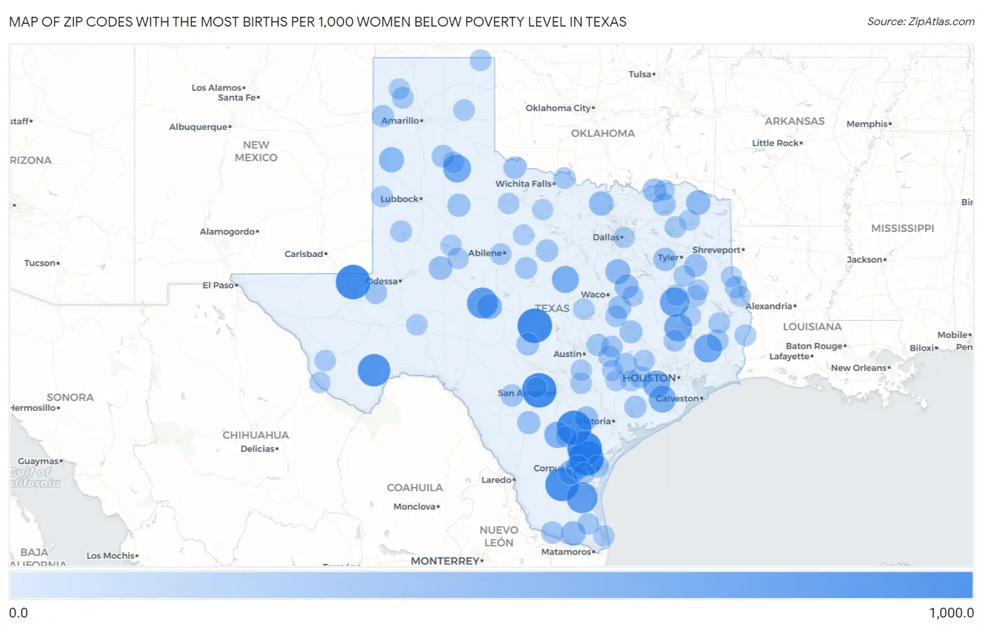 Zip Codes with the Most Births per 1,000 Women Below Poverty Level in Texas Map