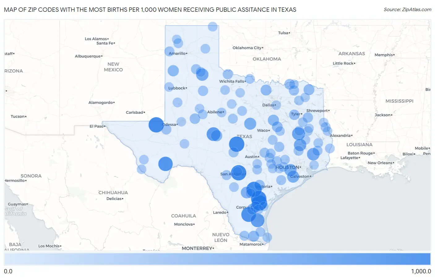 Zip Codes with the Most Births per 1,000 Women Receiving Public Assitance in Texas Map