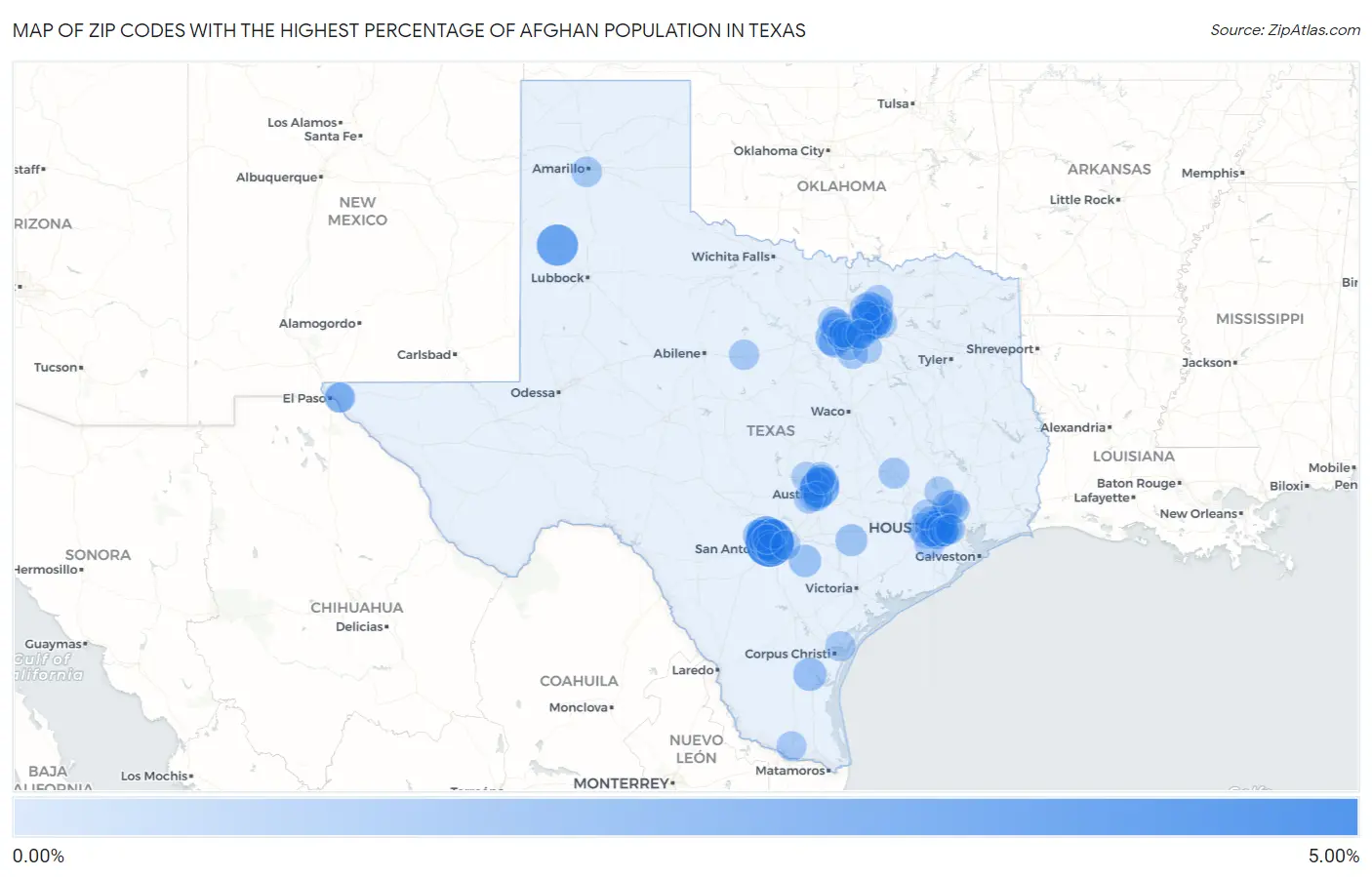 Zip Codes with the Highest Percentage of Afghan Population in Texas Map