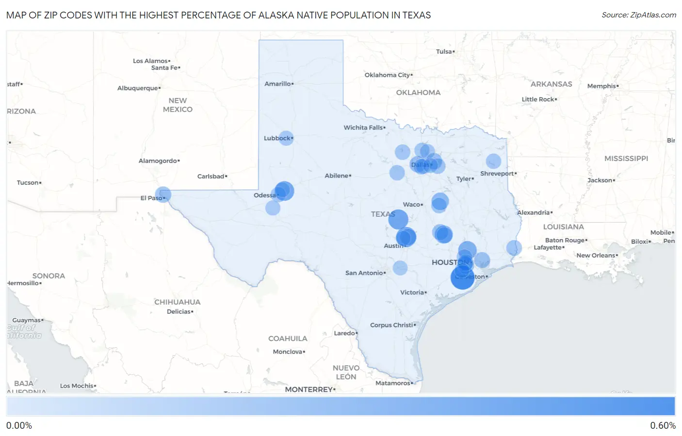 Zip Codes with the Highest Percentage of Alaska Native Population in Texas Map
