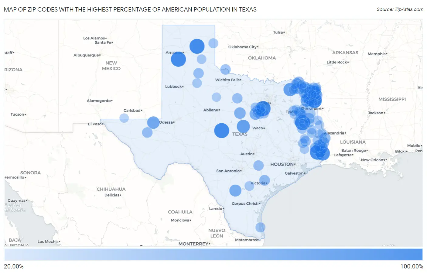 Zip Codes with the Highest Percentage of American Population in Texas Map
