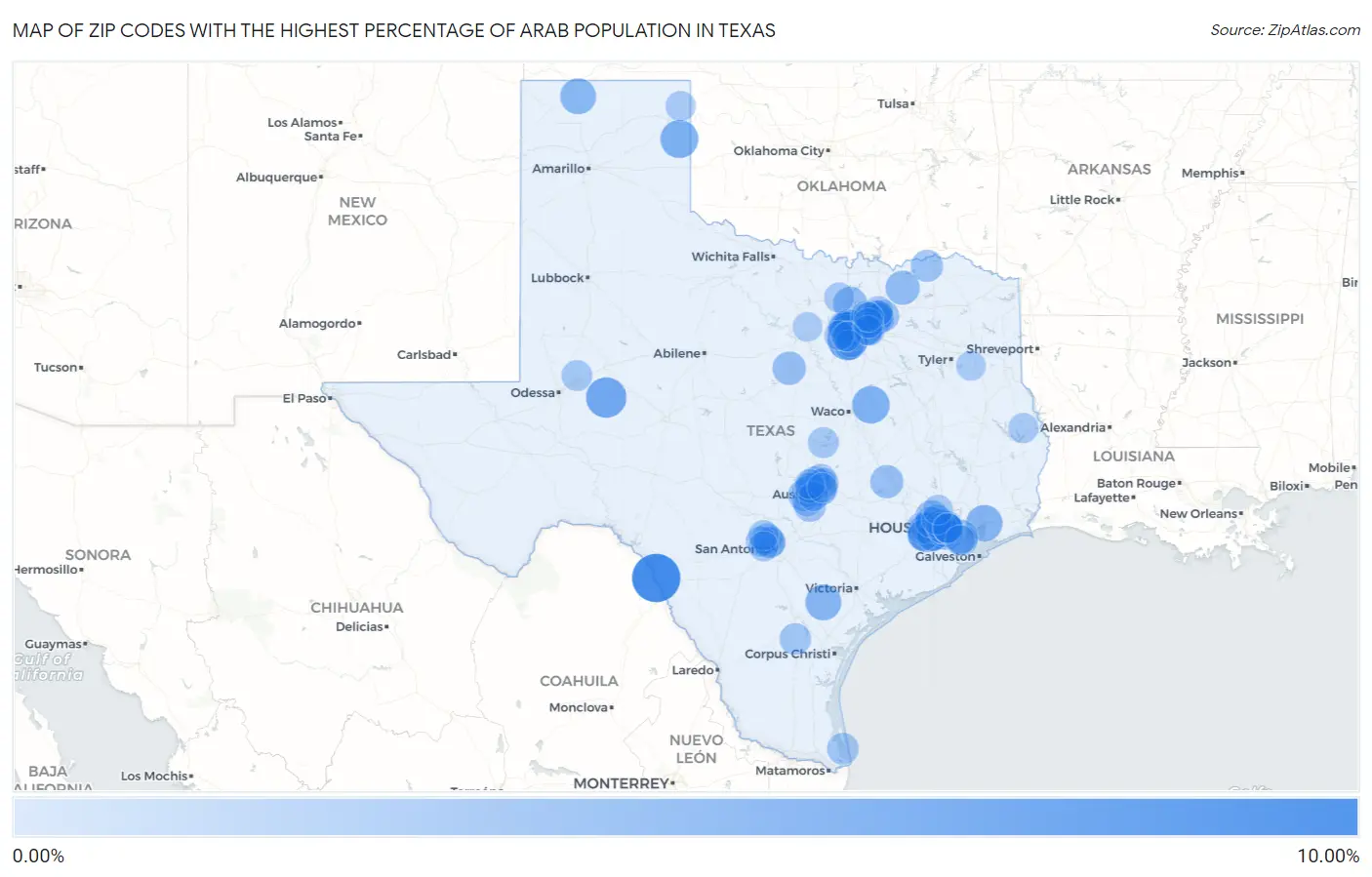 Zip Codes with the Highest Percentage of Arab Population in Texas Map