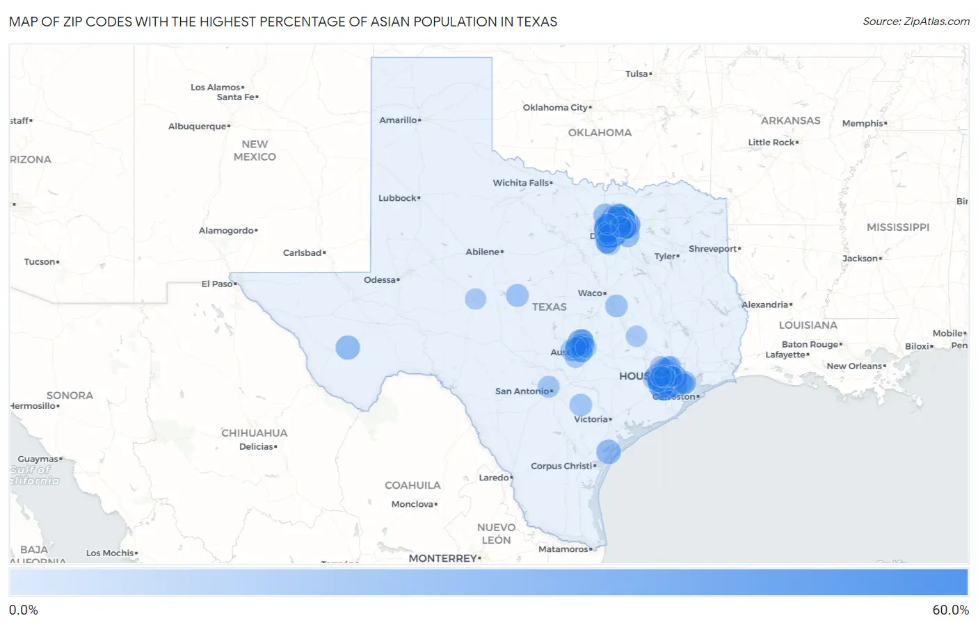 Zip Codes with the Highest Percentage of Asian Population in Texas Map