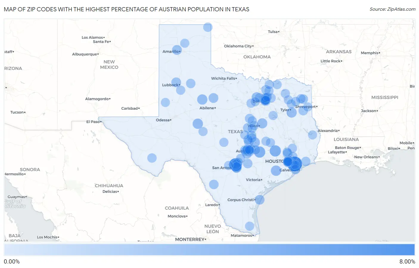 Zip Codes with the Highest Percentage of Austrian Population in Texas Map