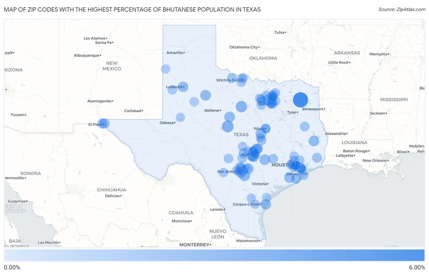 Zip Codes with the Highest Percentage of Bhutanese Population in Texas Map