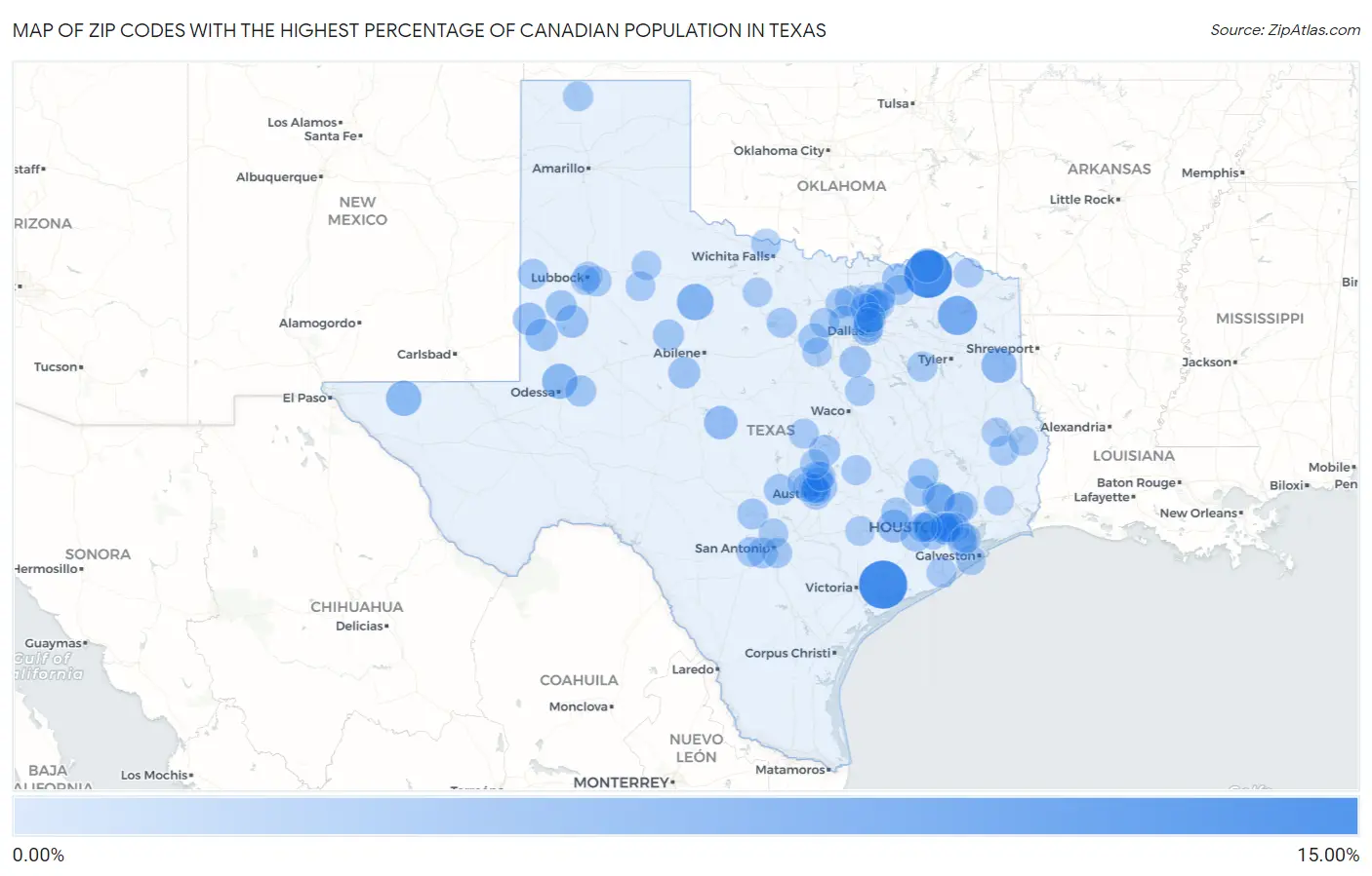 Zip Codes with the Highest Percentage of Canadian Population in Texas Map