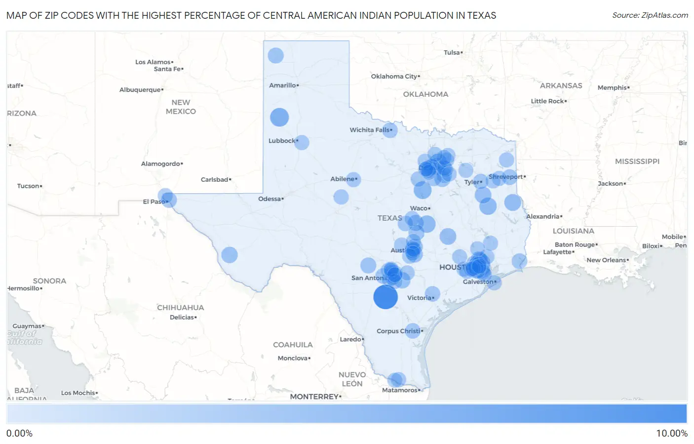 Zip Codes with the Highest Percentage of Central American Indian Population in Texas Map