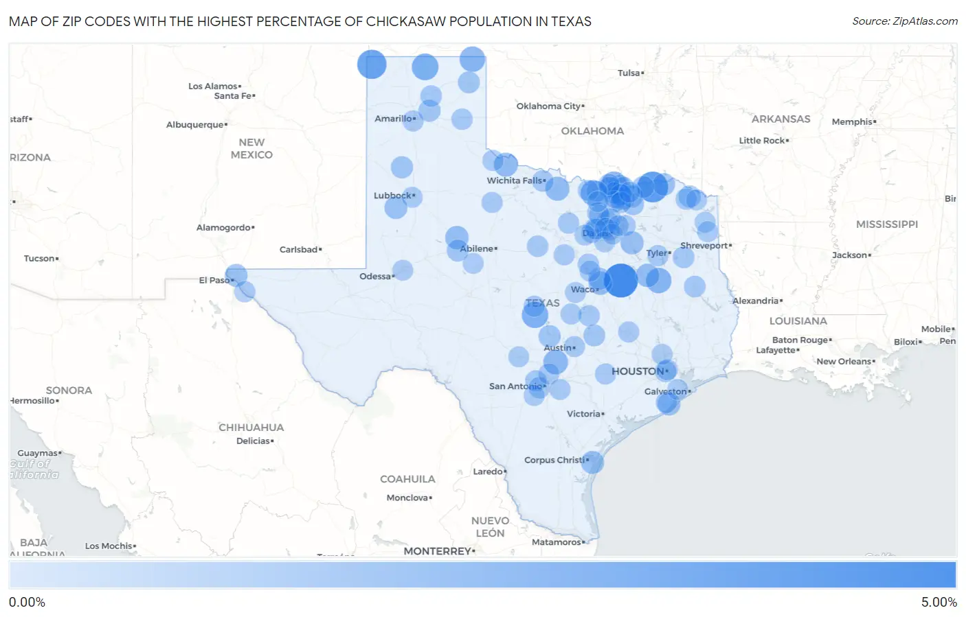 Zip Codes with the Highest Percentage of Chickasaw Population in Texas Map