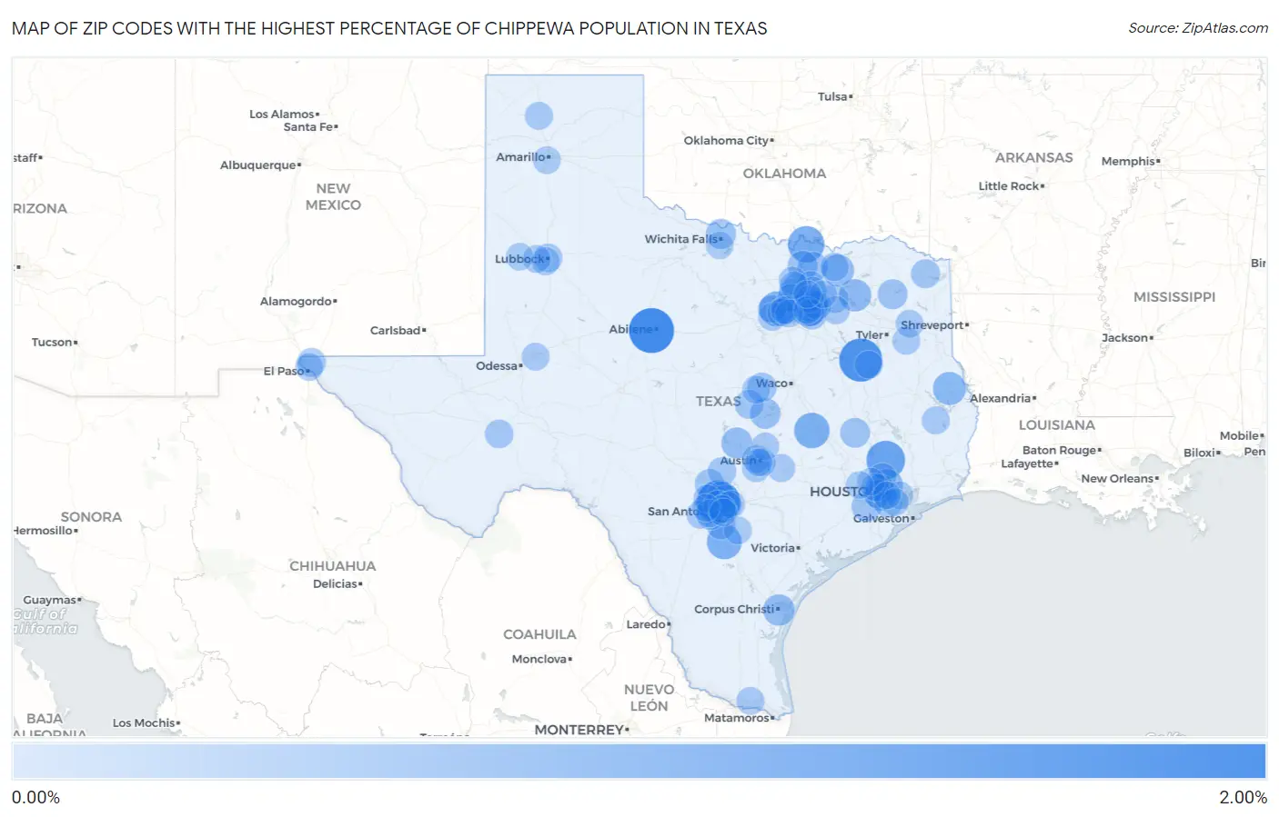 Zip Codes with the Highest Percentage of Chippewa Population in Texas Map