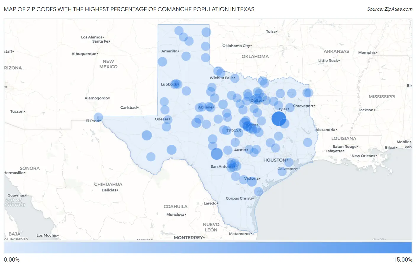 Zip Codes with the Highest Percentage of Comanche Population in Texas Map