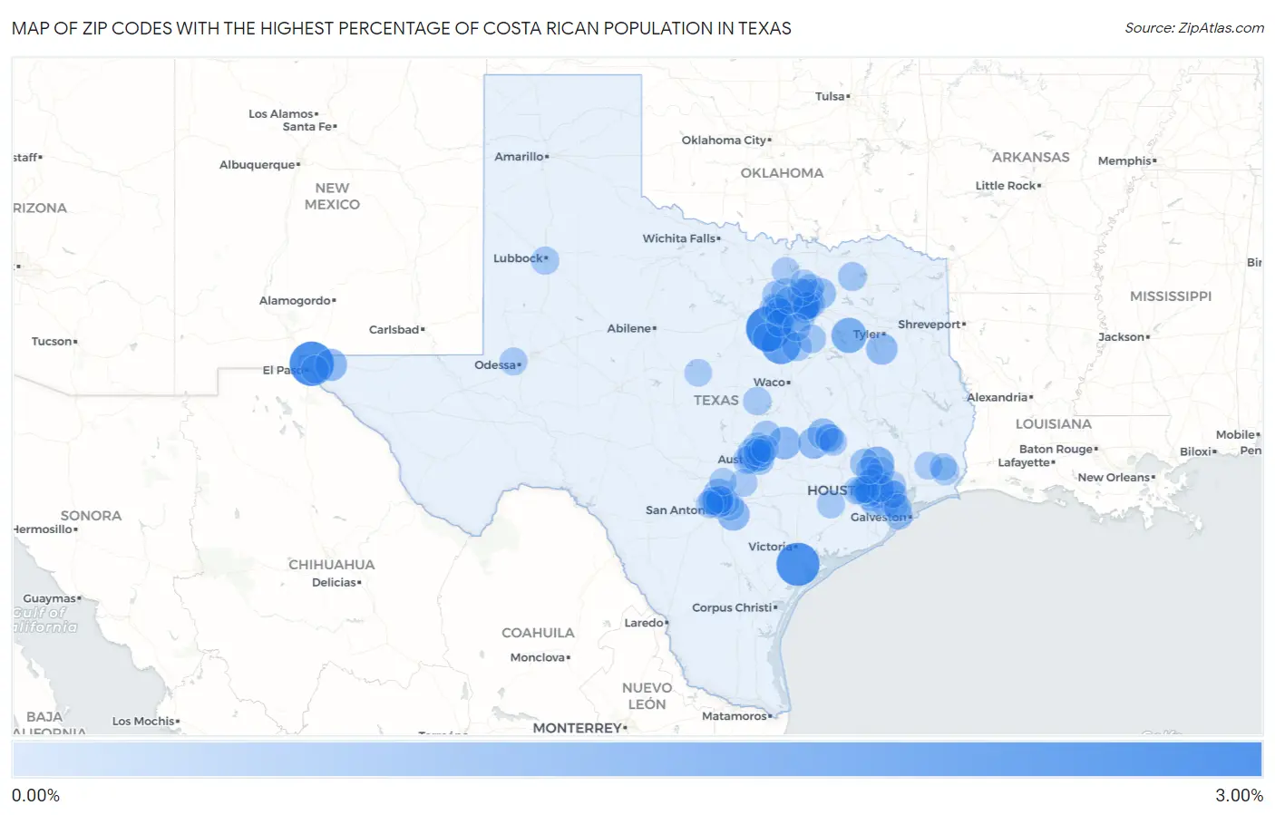 Zip Codes with the Highest Percentage of Costa Rican Population in Texas Map