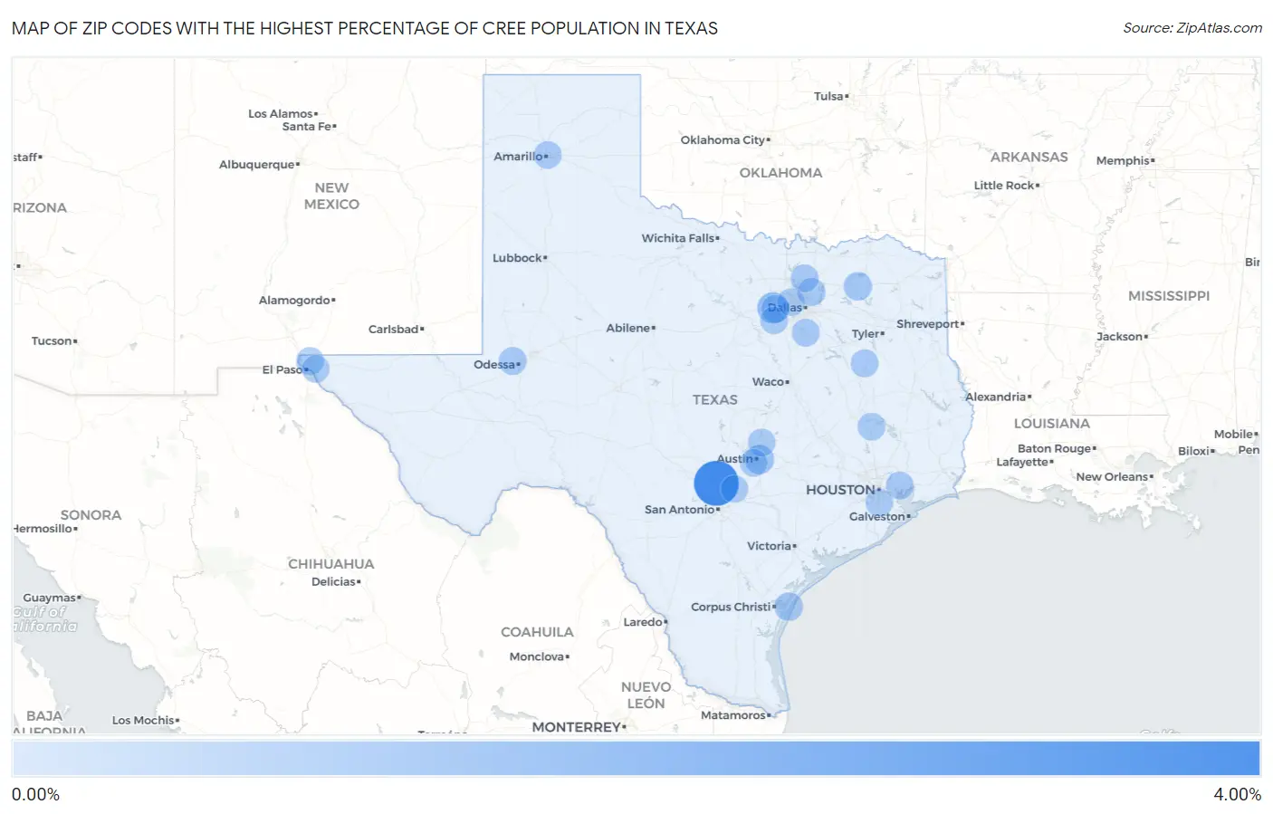 Zip Codes with the Highest Percentage of Cree Population in Texas Map
