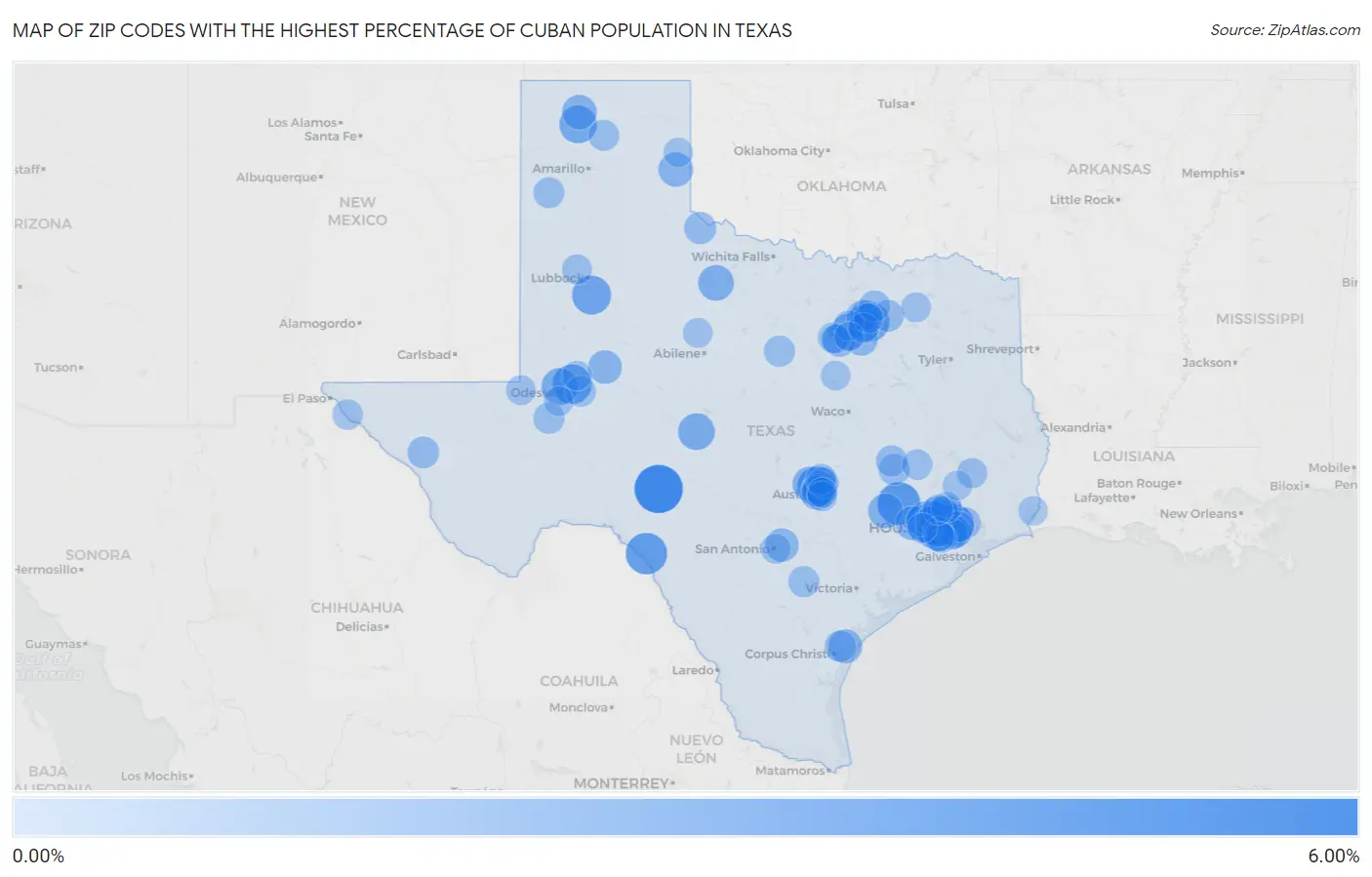 Zip Codes with the Highest Percentage of Cuban Population in Texas Map