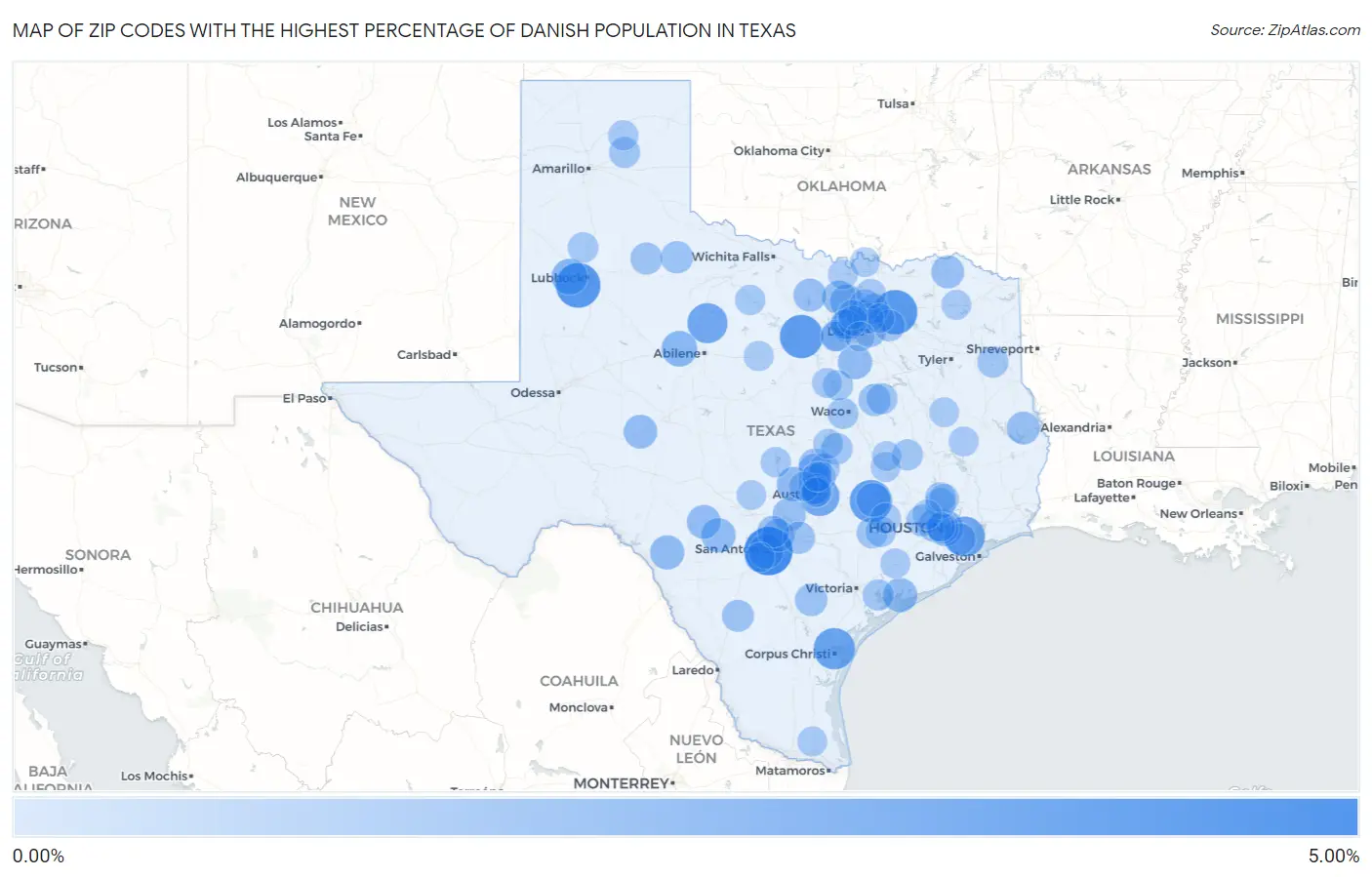 Zip Codes with the Highest Percentage of Danish Population in Texas Map