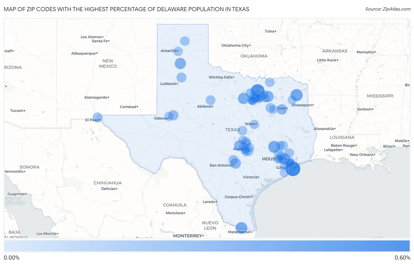Zip Codes with the Highest Percentage of Delaware Population in Texas Map