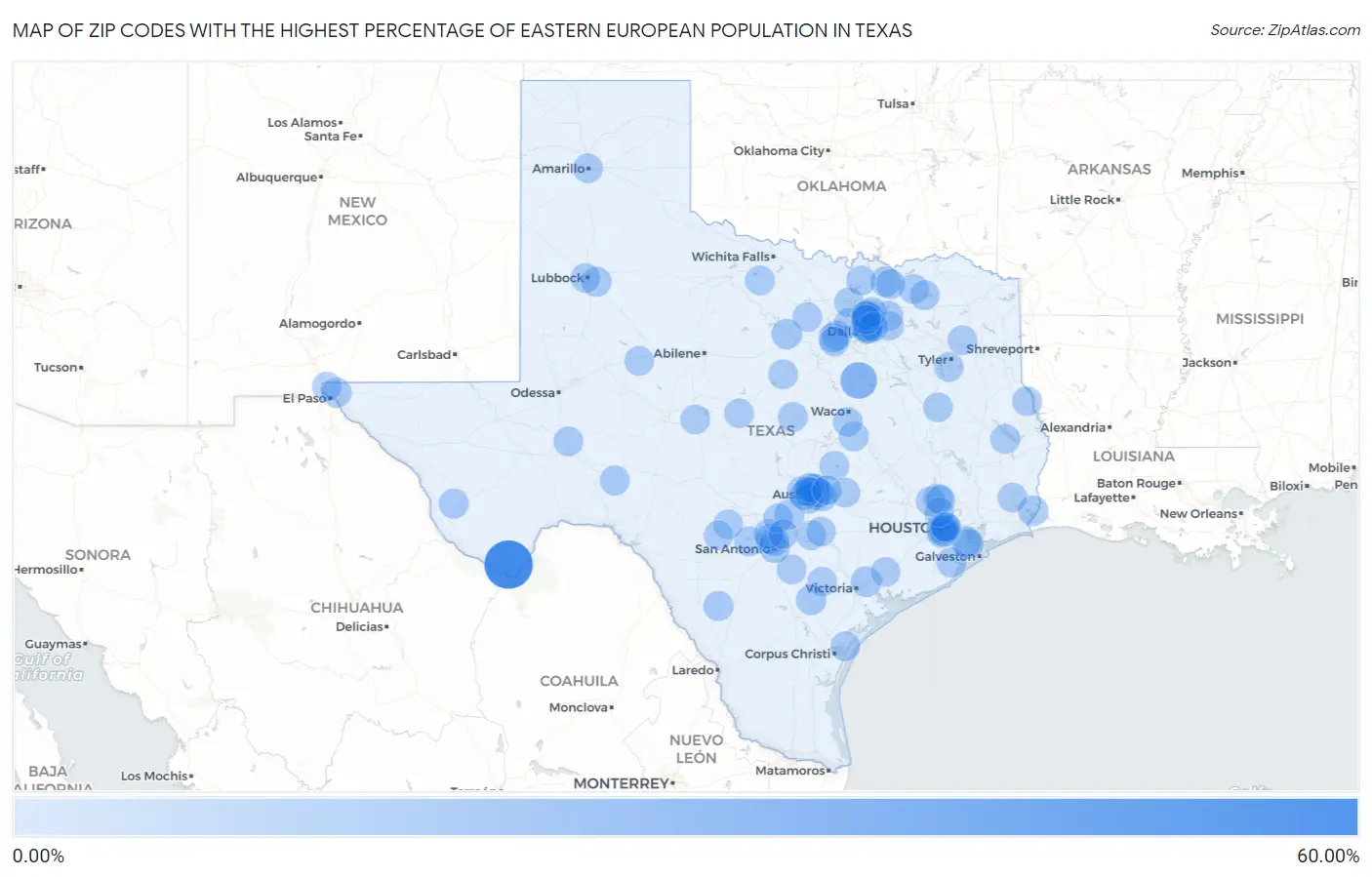 Zip Codes with the Highest Percentage of Eastern European Population in Texas Map