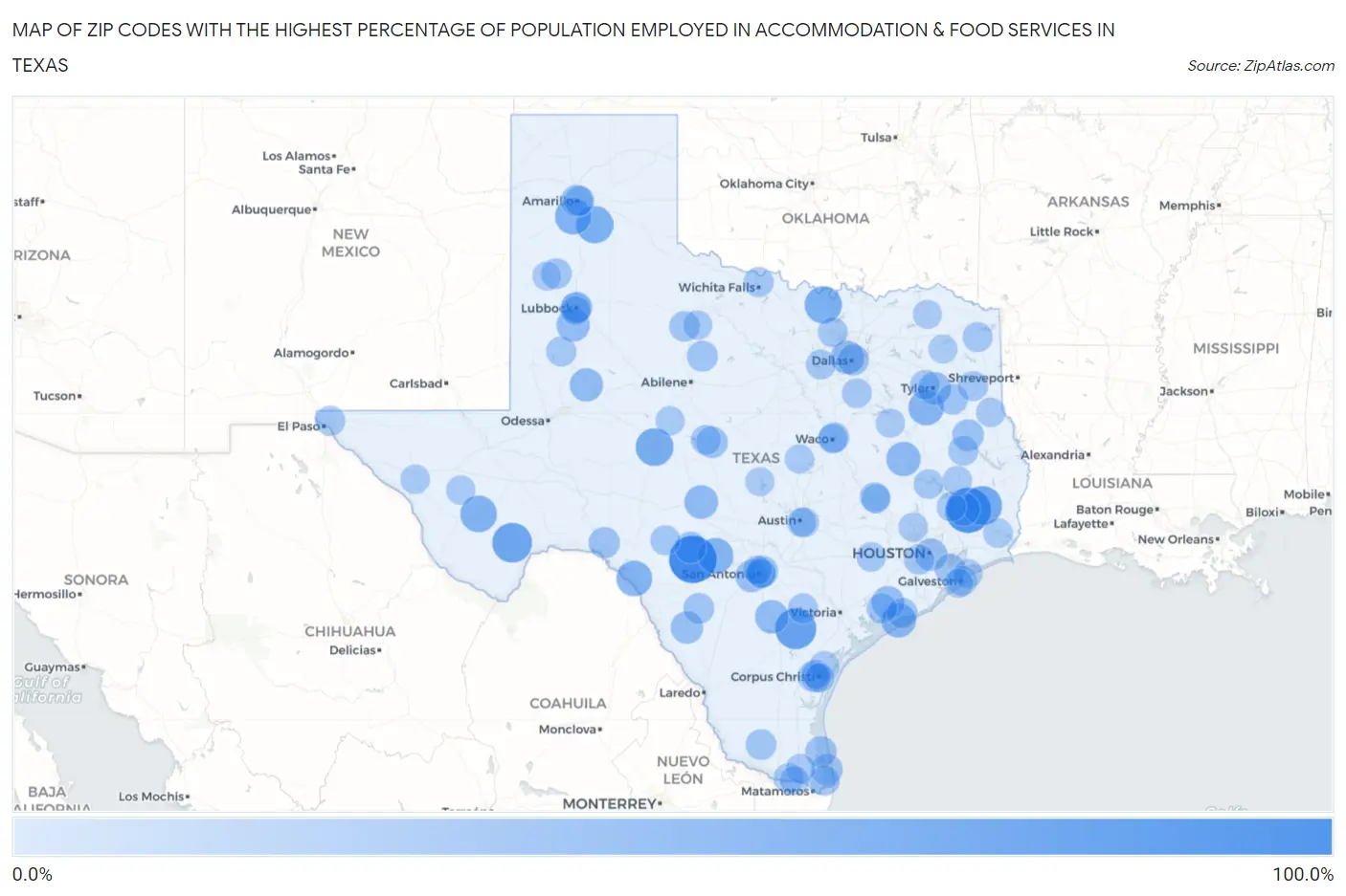 Zip Codes with the Highest Percentage of Population Employed in Accommodation & Food Services in Texas Map