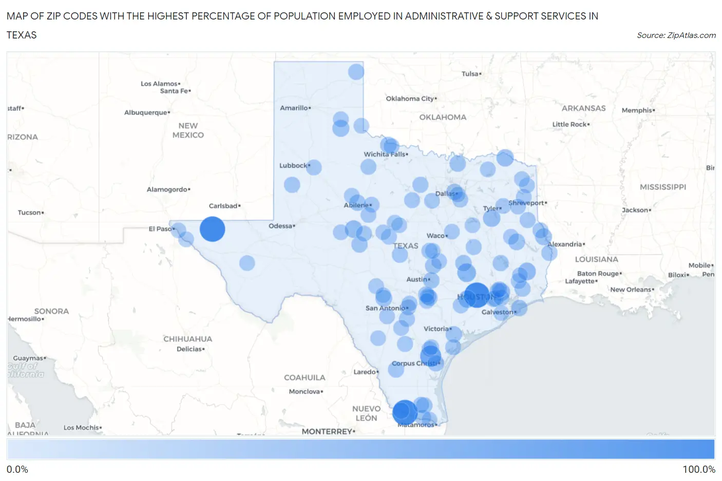 Zip Codes with the Highest Percentage of Population Employed in Administrative & Support Services in Texas Map