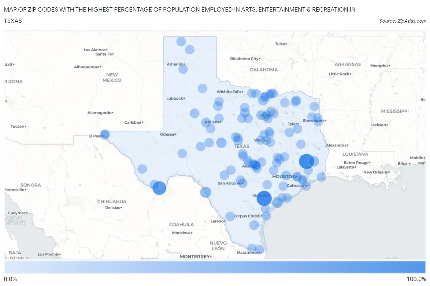 Zip Codes with the Highest Percentage of Population Employed in Arts, Entertainment & Recreation in Texas Map