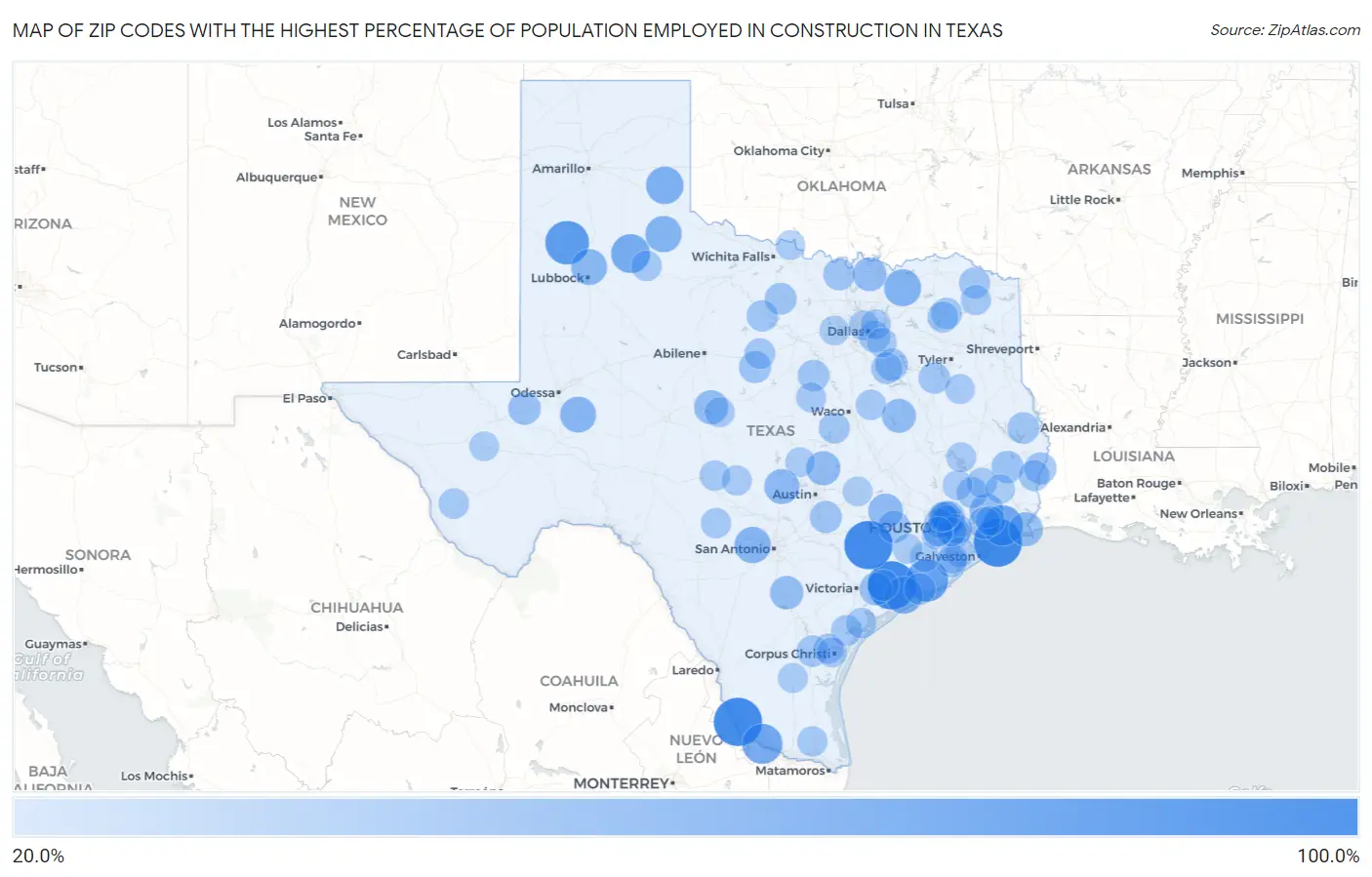 Zip Codes with the Highest Percentage of Population Employed in Construction in Texas Map