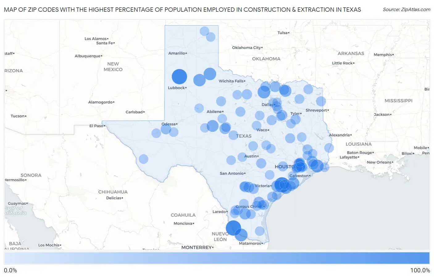 Zip Codes with the Highest Percentage of Population Employed in Construction & Extraction in Texas Map