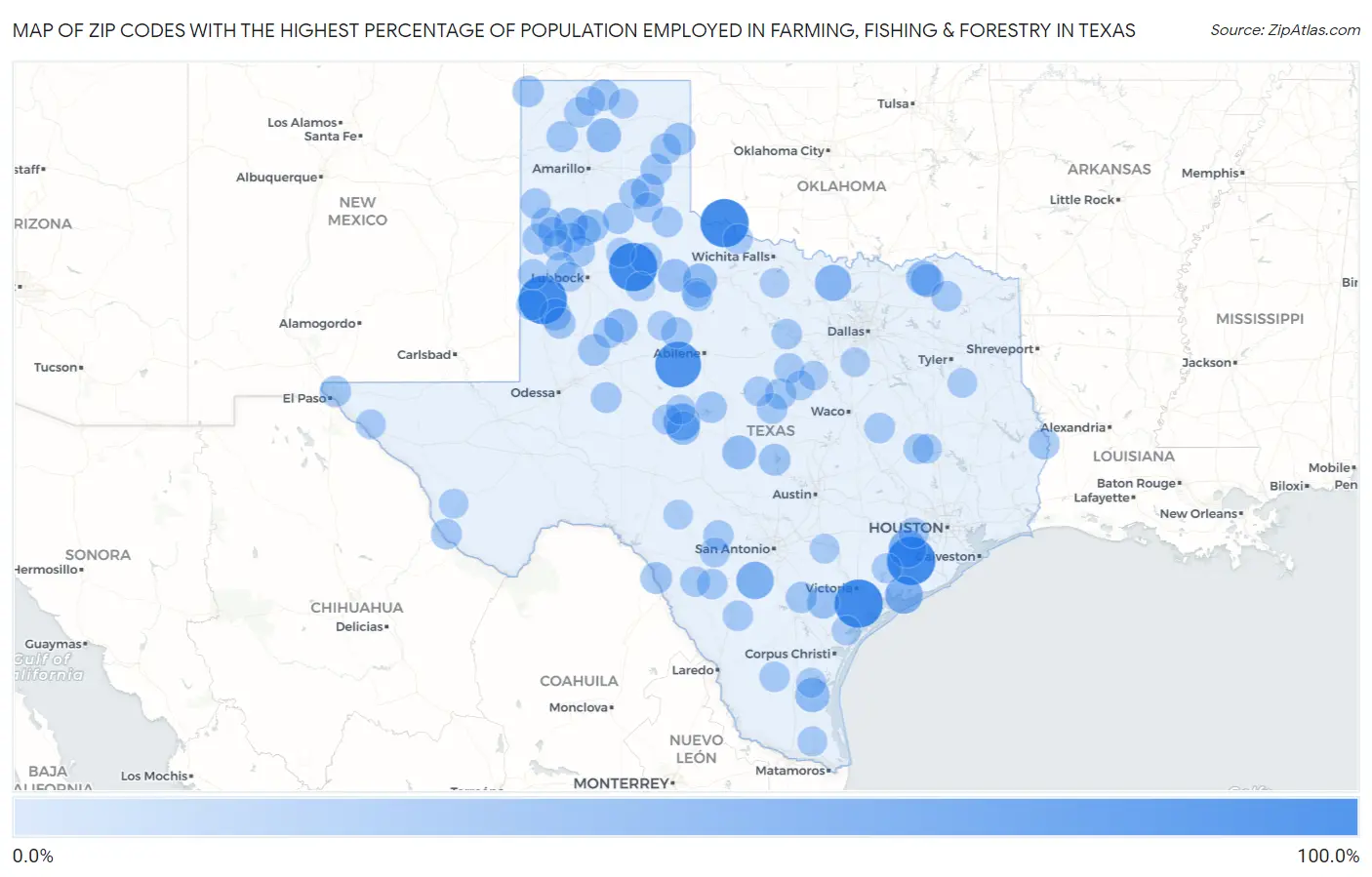 Zip Codes with the Highest Percentage of Population Employed in Farming, Fishing & Forestry in Texas Map