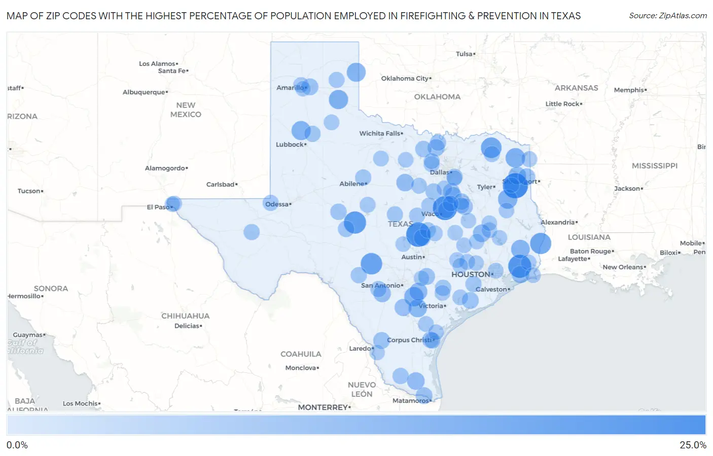 Zip Codes with the Highest Percentage of Population Employed in Firefighting & Prevention in Texas Map