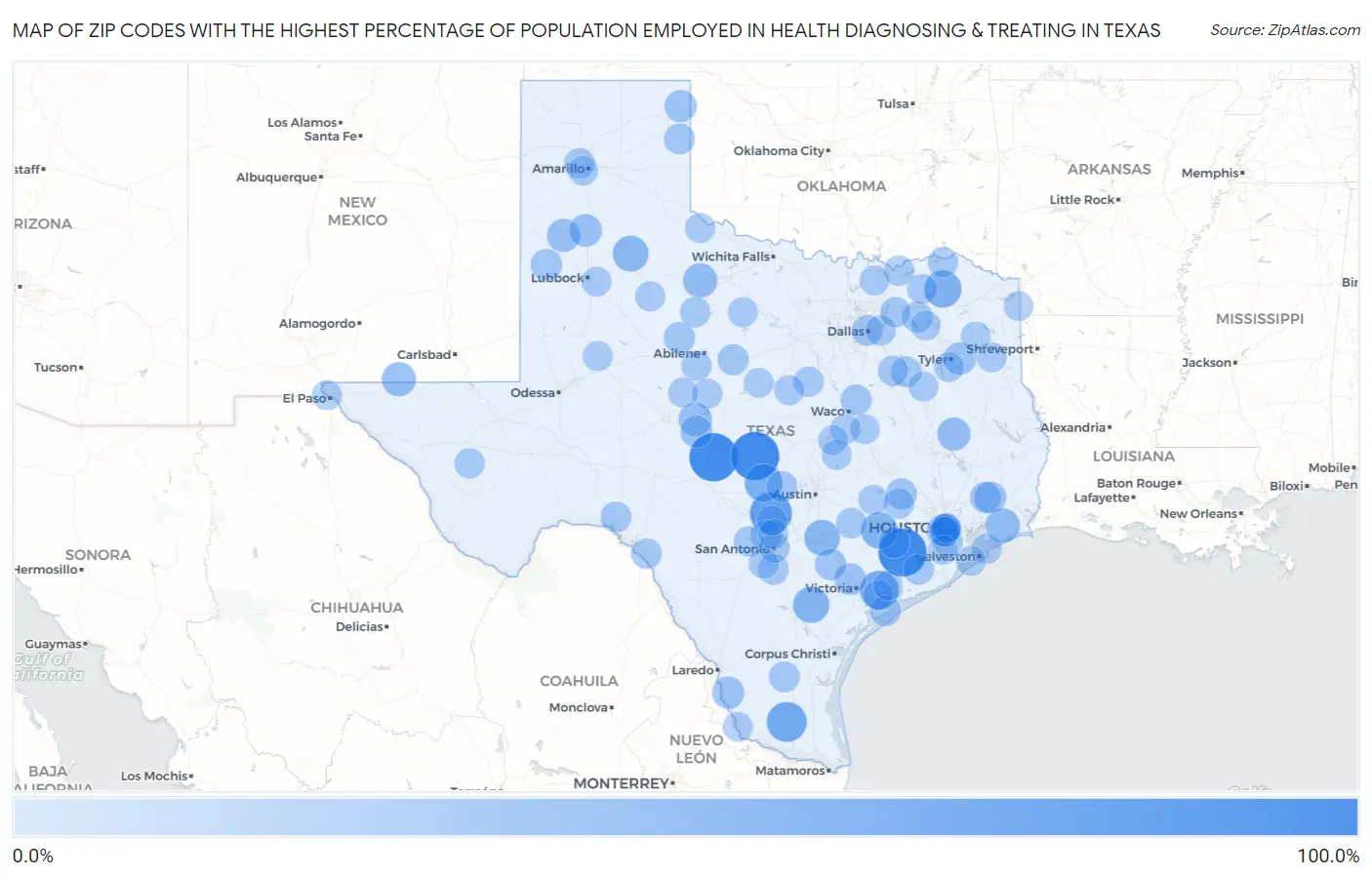 Zip Codes with the Highest Percentage of Population Employed in Health Diagnosing & Treating in Texas Map