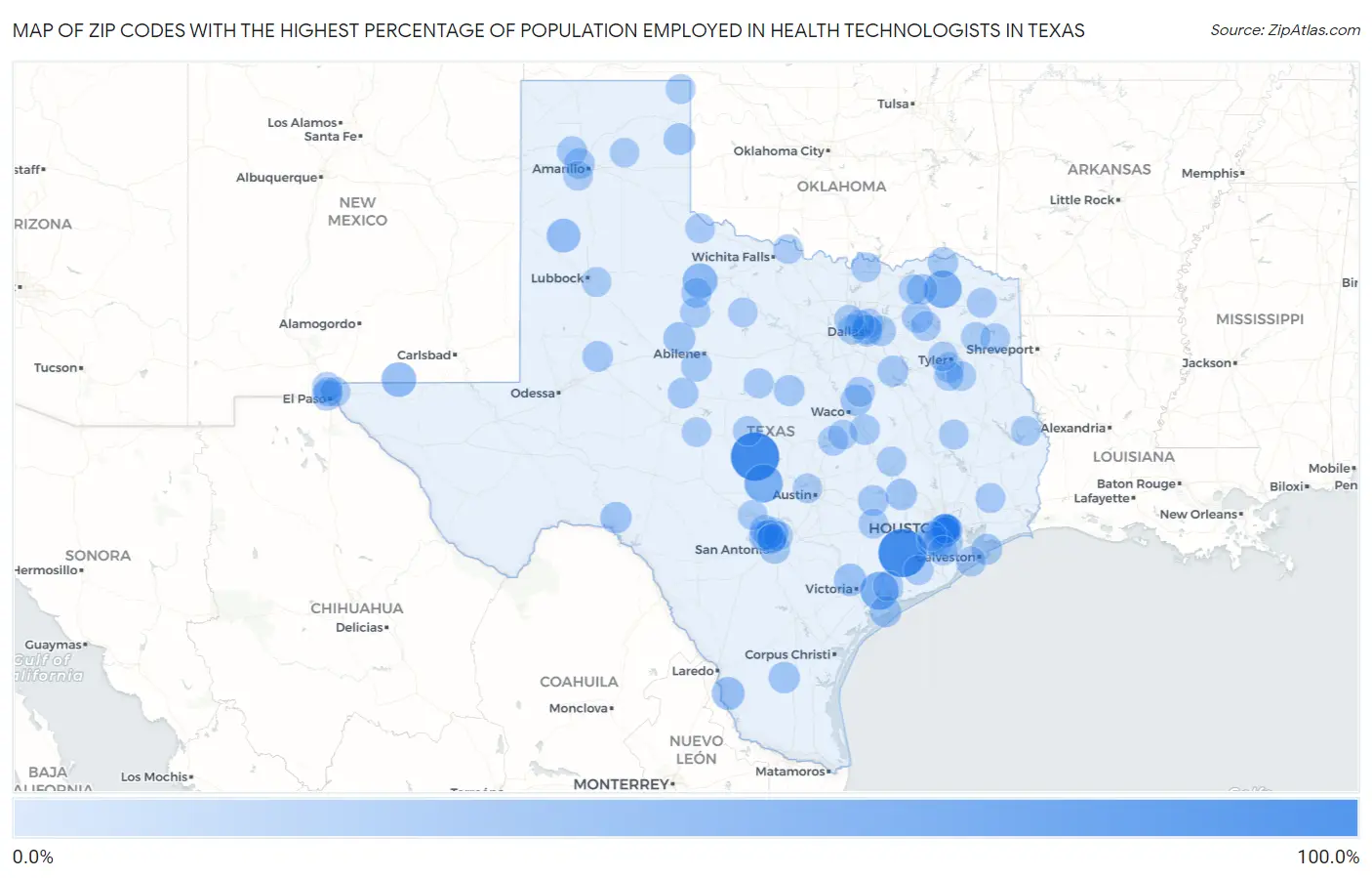 Zip Codes with the Highest Percentage of Population Employed in Health Technologists in Texas Map