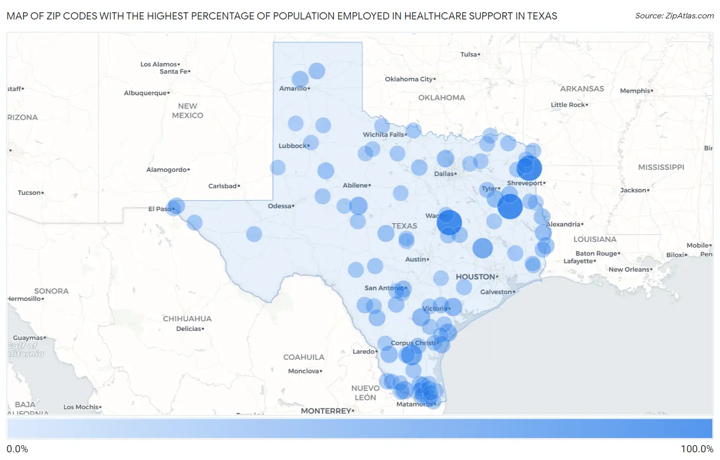 Zip Codes with the Highest Percentage of Population Employed in Healthcare Support in Texas Map