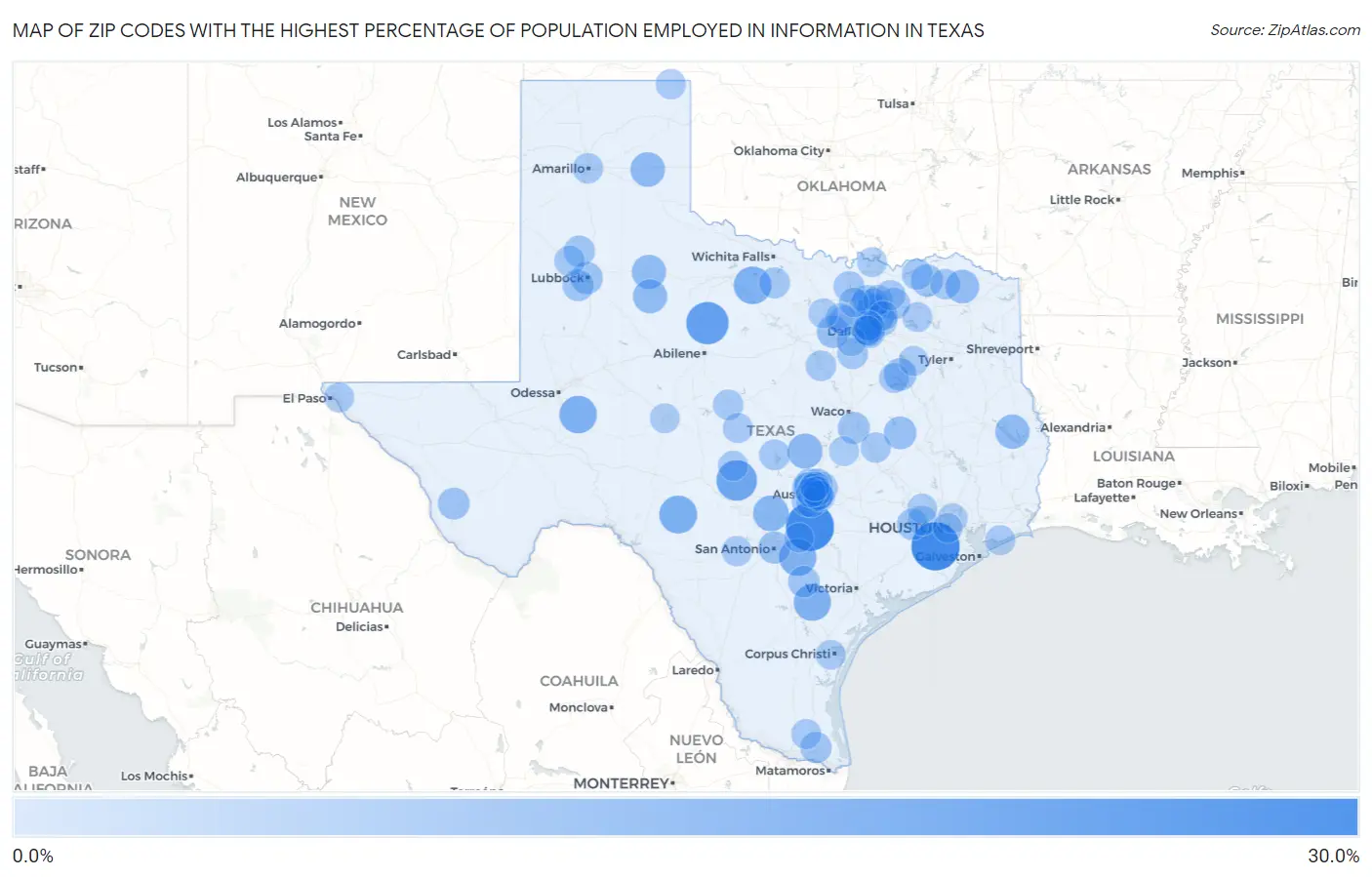 Zip Codes with the Highest Percentage of Population Employed in Information in Texas Map