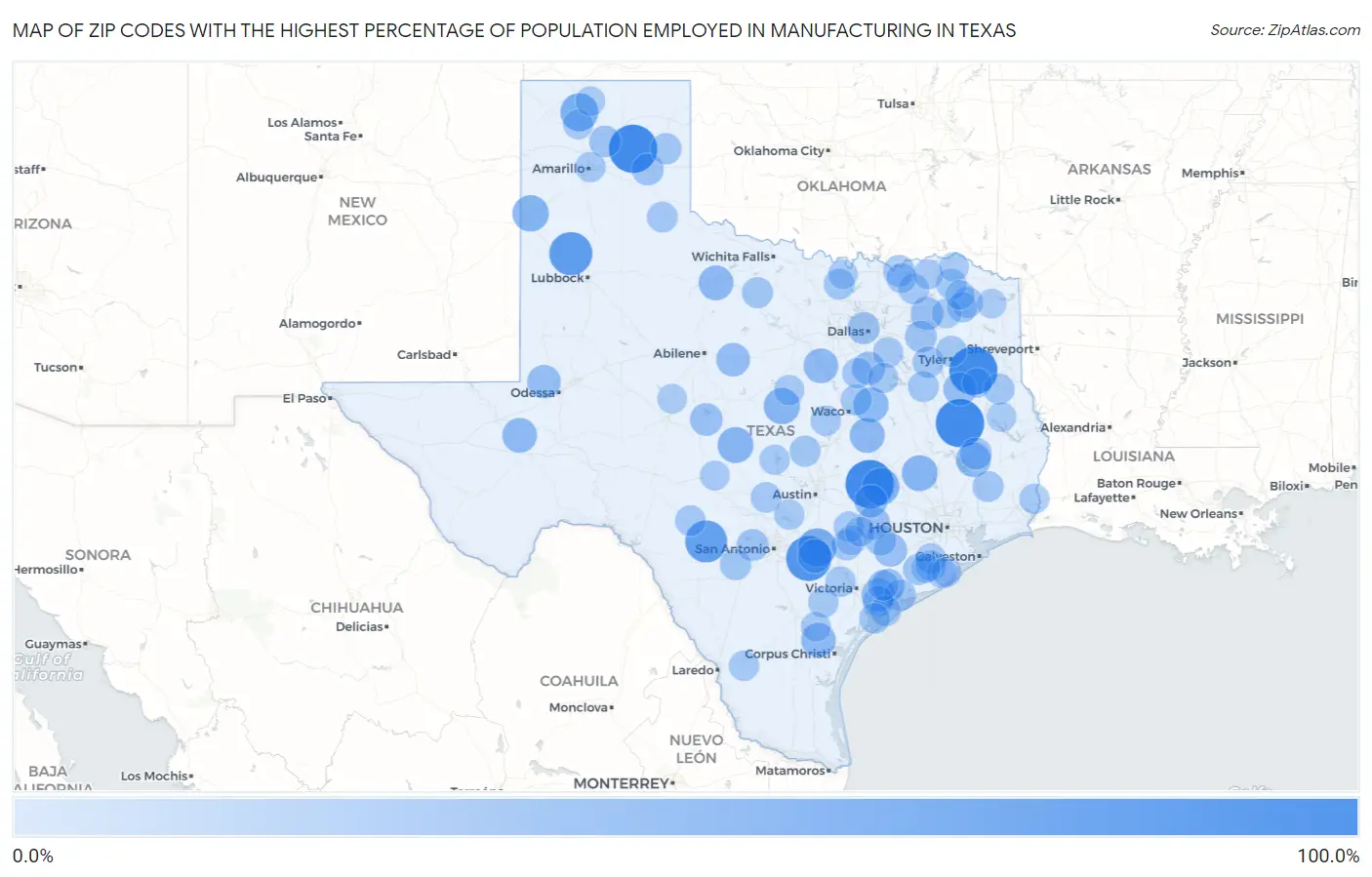 Zip Codes with the Highest Percentage of Population Employed in Manufacturing in Texas Map