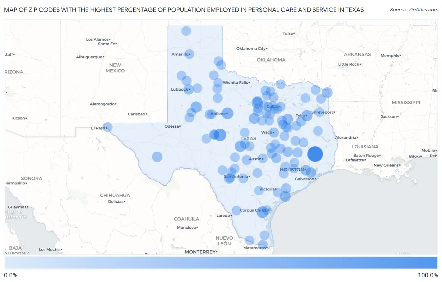 Zip Codes with the Highest Percentage of Population Employed in Personal Care and Service in Texas Map