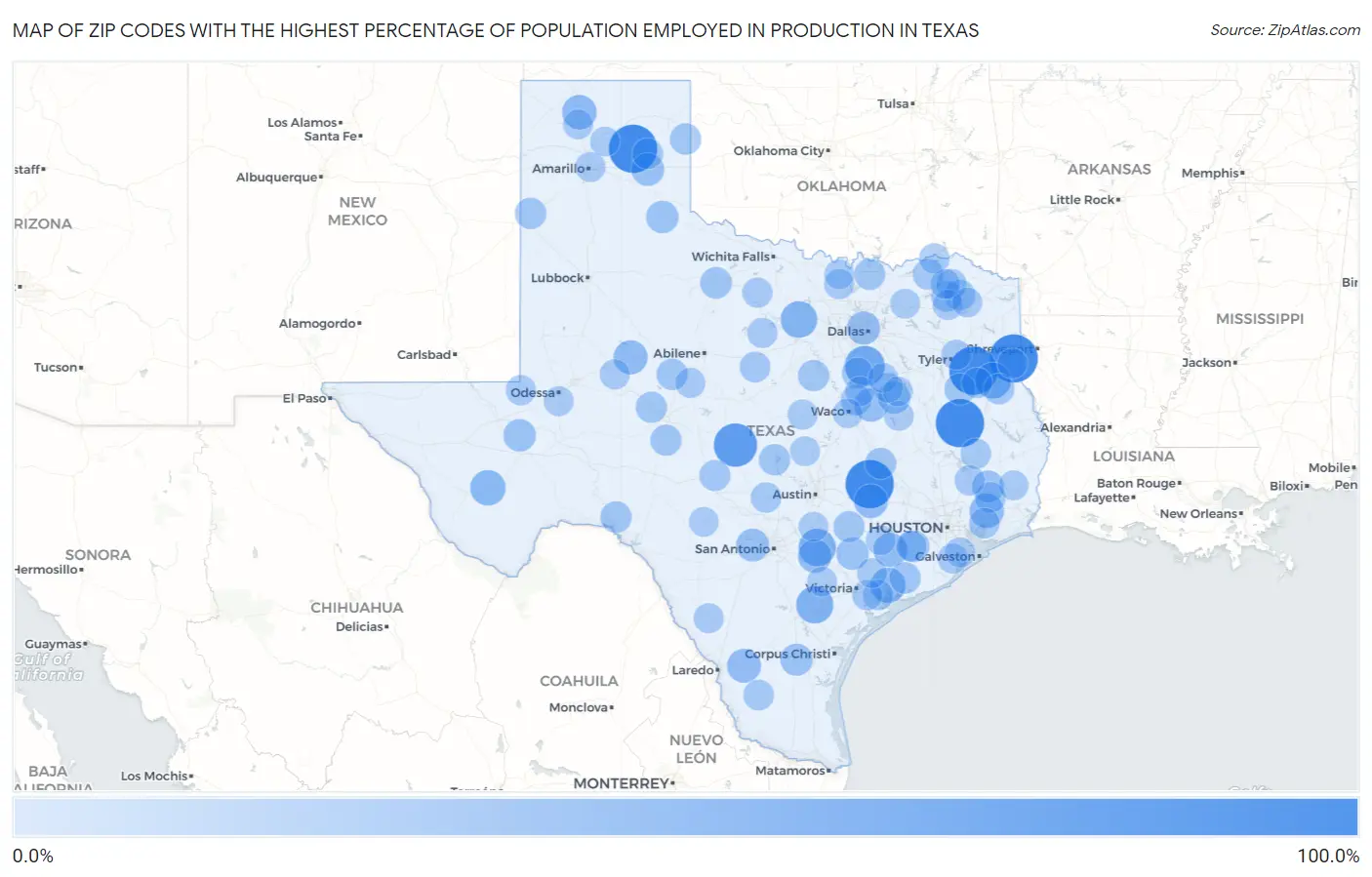 Zip Codes with the Highest Percentage of Population Employed in Production in Texas Map