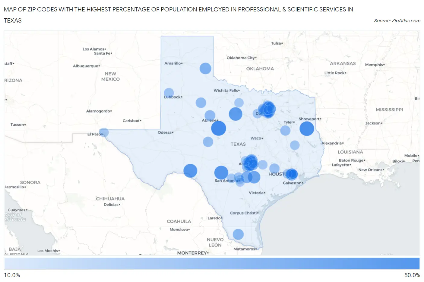 Zip Codes with the Highest Percentage of Population Employed in Professional & Scientific Services in Texas Map