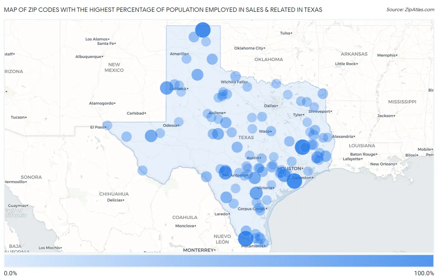 Zip Codes with the Highest Percentage of Population Employed in Sales & Related in Texas Map