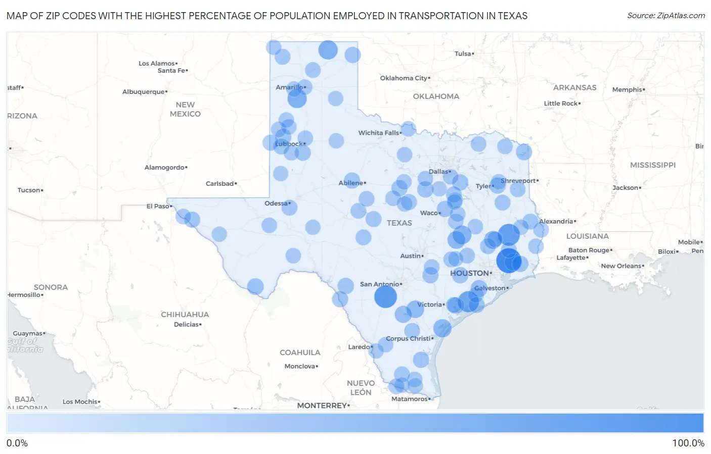 Zip Codes with the Highest Percentage of Population Employed in Transportation in Texas Map