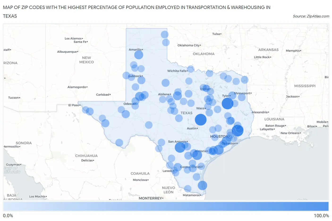 Zip Codes with the Highest Percentage of Population Employed in Transportation & Warehousing in Texas Map