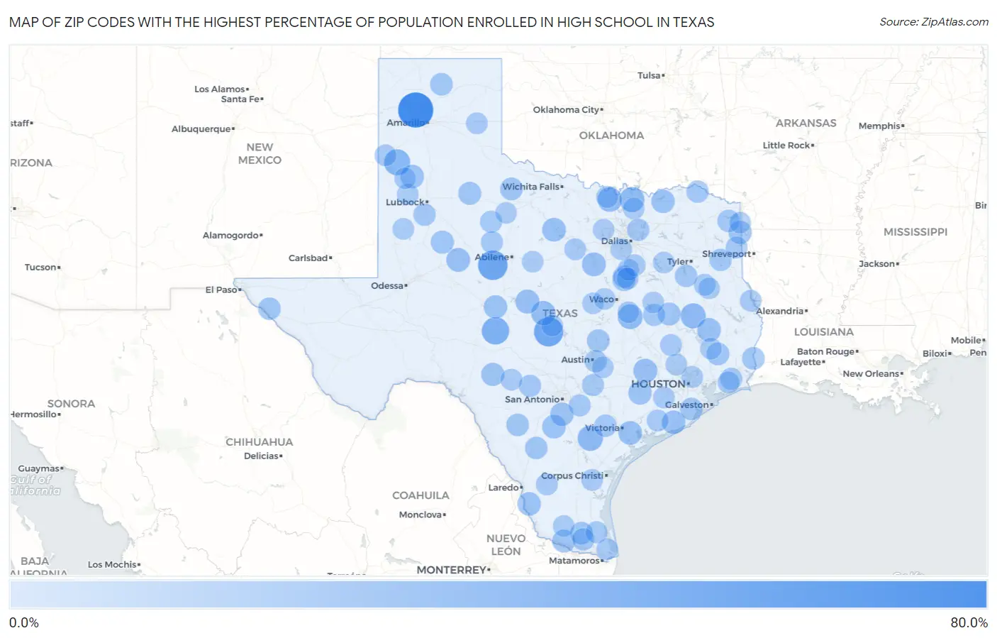 Zip Codes with the Highest Percentage of Population Enrolled in High School in Texas Map