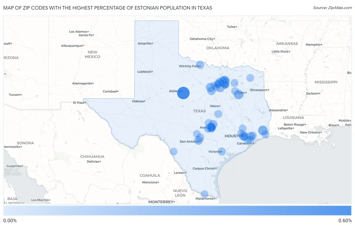 Zip Codes with the Highest Percentage of Estonian Population in Texas Map