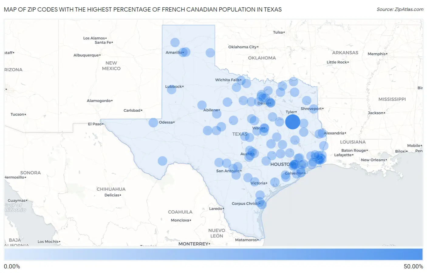 Zip Codes with the Highest Percentage of French Canadian Population in Texas Map