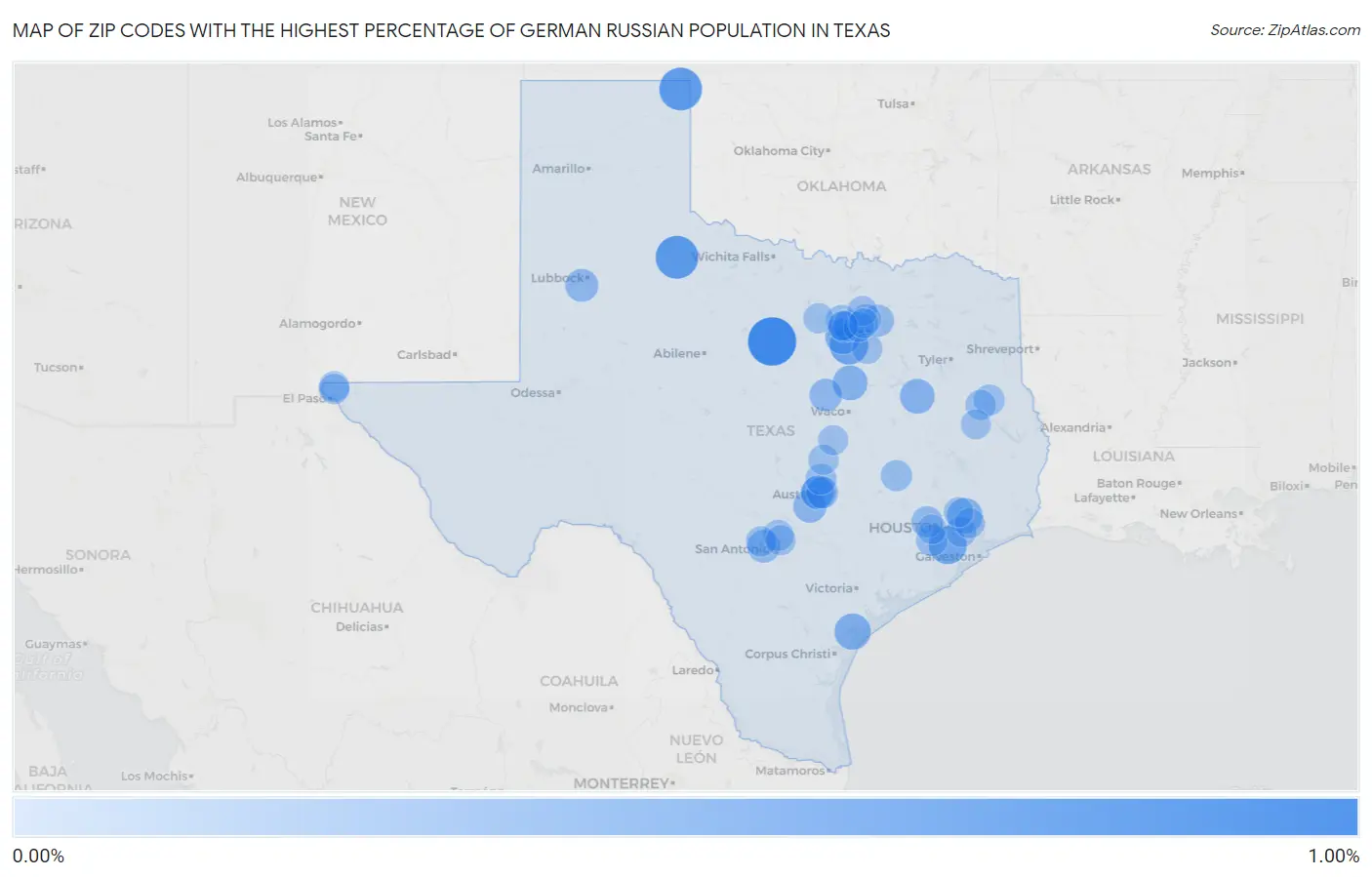 Zip Codes with the Highest Percentage of German Russian Population in Texas Map