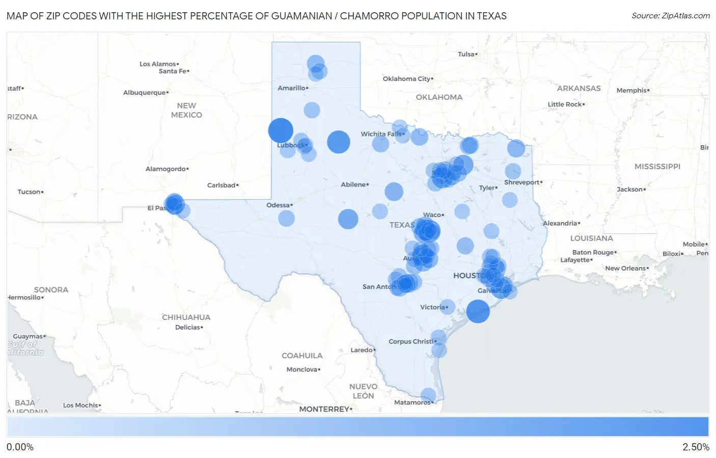 Zip Codes with the Highest Percentage of Guamanian / Chamorro Population in Texas Map
